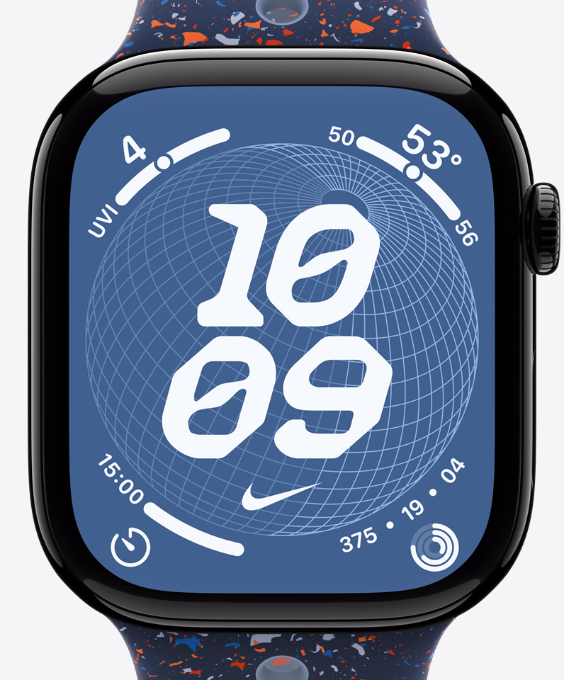 Cadran Nike Globe, heure, logo Nike Swoosh, complications : indice UV, météo, minuteur, anneaux Activité