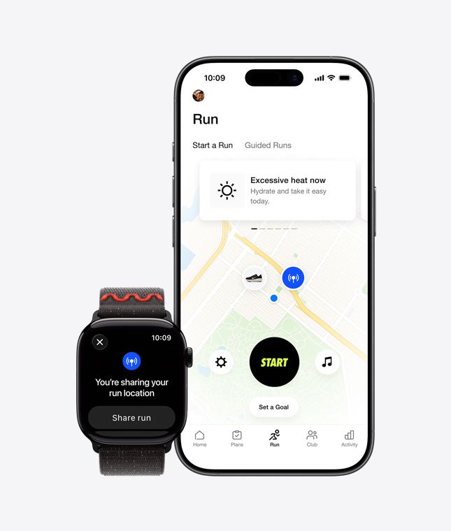 Apple Watch Series 11, partage de la localisation à l’écran, iPhone 17, carte d’une course en extérieur dans l’app Nike Run Club