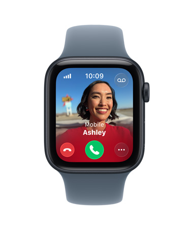 Apple Watch SE 3, алуминиев корпус, полунощен цвят, входящо обаждане, контактна снимка, бутони за приемане и отхвърляне на обаждания, външна дясна страна, Digital Crown, Sport Band, металносин цвят