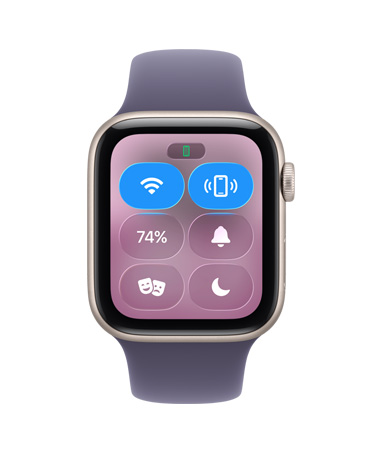 Apple Watch SE 3, алуминиев корпус, астро бял цвят, Control Center, пинг iPhone икона, външна дясна страна, Digital Crown, Sport Band, цвят лилава мъгла