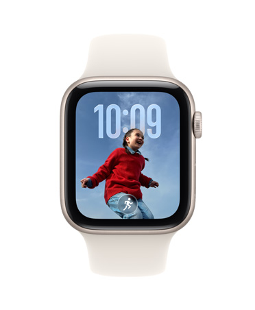 Apple Watch SE 3, алуминиев корпус, астро бял цвят, Умна група, Бягане на открито, външна дясна страна, Digital Crown, Sport Band, астро бял цвят