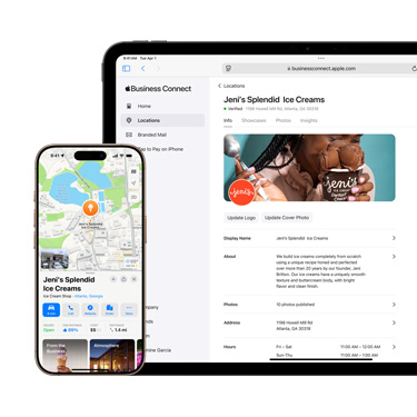 Front view of an iPad featuring a business's Apple Business Connect platform. In front of the iPad is an iPhone featuring the business’s Apple Maps information.