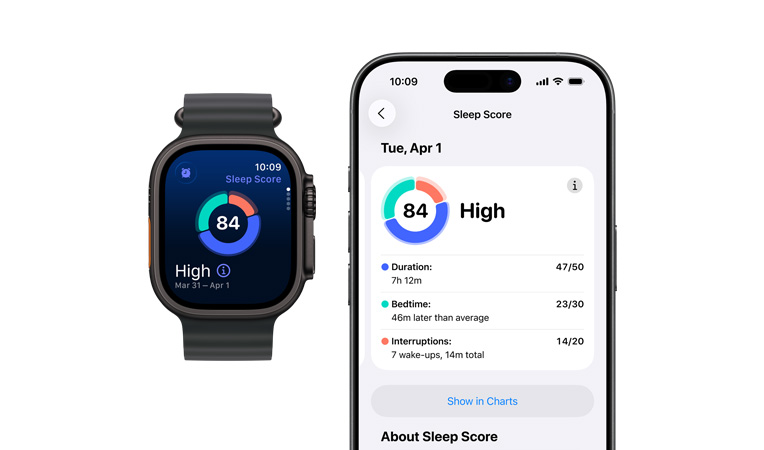 Apple Watch Series 11, aluminum case, rose gold colour, sleep score circle graph and rating, right side exterior: Digital Crown, light blush Sport Band, full sleep analysis open on paired iPhone