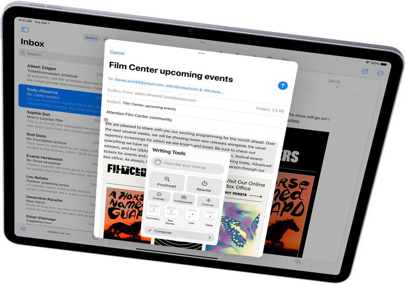 عرض أفقي لجهاز iPad Air يُبرز Apple Intelligence مع أدوات الكتابة والبريد