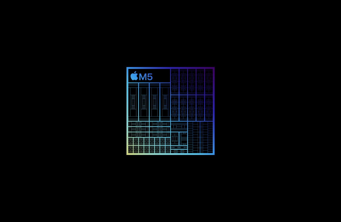 Representação ampliada da arquitetura do processador M5 da Apple, apresentada num esquema de cores em verde, azul e roxo, com circuitos de grande complexidade, diversos componentes e conetores
