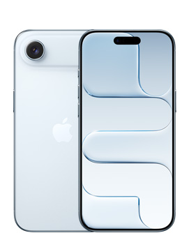 iPhone Air, вид ззаду, колір «блакитне небо», система камер Fusion угорі, логотип Apple по центру, вид спереду, колір «блакитне небо», Dynamic Island по центру вгорі
