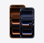 宇宙橙色 iPhone 17 Pro Max 展示機身正面,深墨藍色 iPhone 17 Pro 展示機身正面