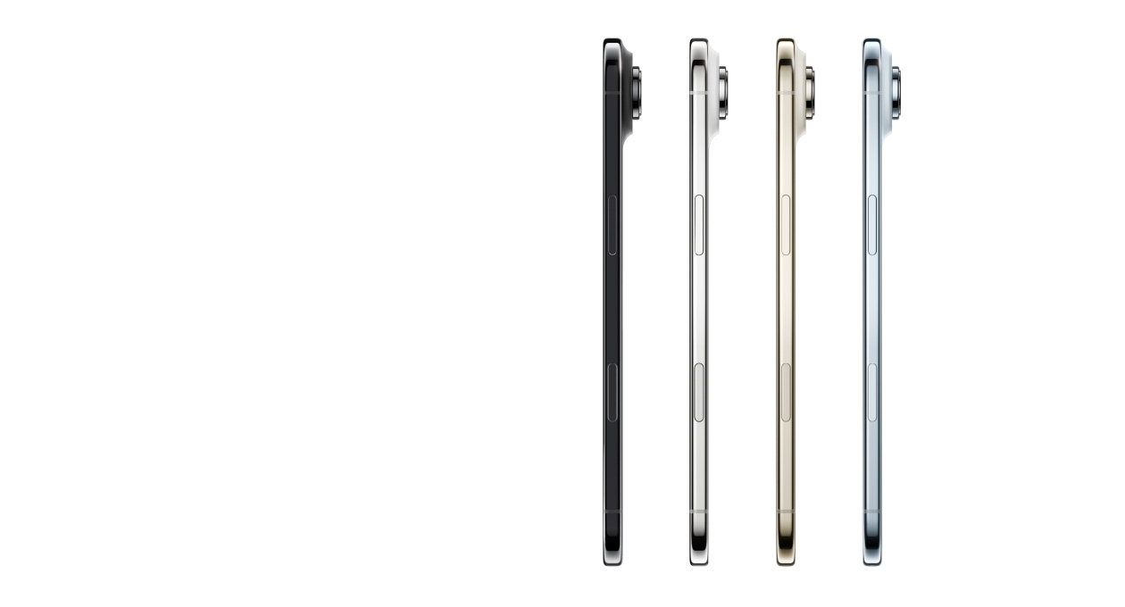iPhone Air 展示側面外觀,顏色包括:天藍色、淺金色、浮雲白色,以及太空黑,展示極纖薄機身、融合相機系統、側邊按鈕及相機控制按鈕