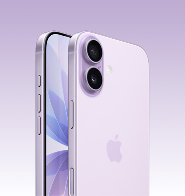 iPhone 17 in Lavender finish, partial screen display and side angle shows Action button, volume button and side button. Back exterior shows advanced dual-camera system in top left corner.