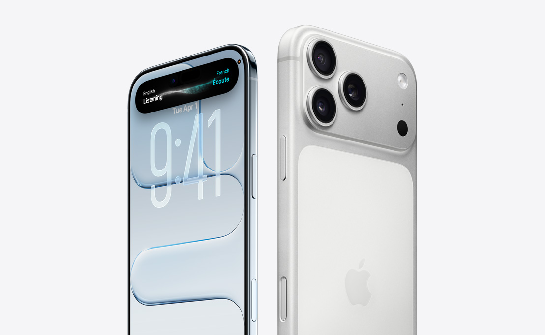 iPhone Air 機身正面,展示 Liquid Glass 設計、動態島、纖薄的鈦金屬邊框;iPhone 17 Pro 機身背面,展示鏡頭在左上角的 Pro 相機系統