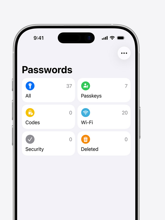 iPhone 螢幕顯示「密碼」選單,選項包括「All」、「Passkeys」、「Codes」、「Wi-Fi」、「Security」和「Deleted」