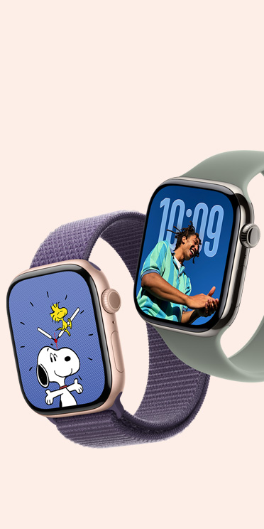 Apple Watch Series 11 devices, aluminium case, Space Grey colour and titanium case, natural colour, Snoopy and Photos watch faces, Sport Loop, purple fog colour, Solo Loop, green grey colour