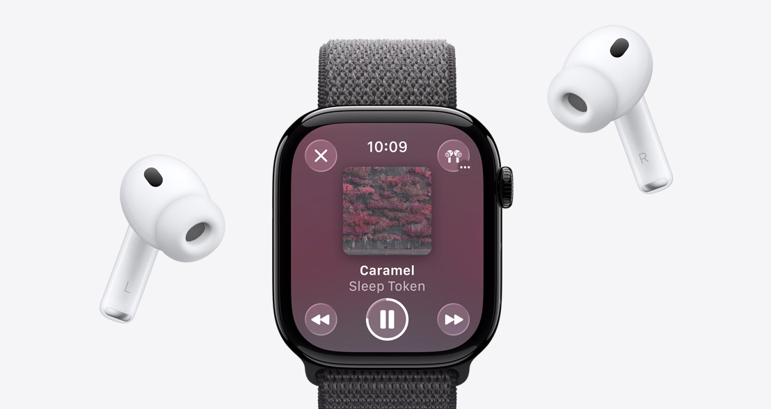 AirPods Pro 3, white, silicone tips, Apple Watch Series 11, aluminium case, polished Jet Black colour, Apple Music playing