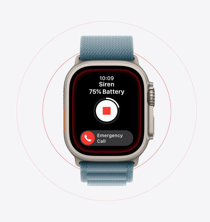 Apple Watch Ultra 3, titanium case, natural colour, Siren activated, Emergency call button
