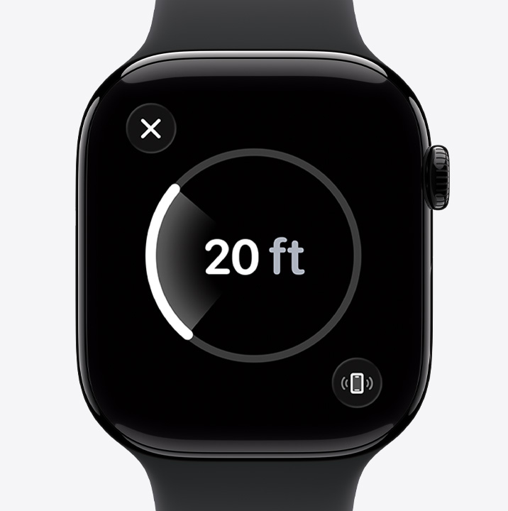 Apple Watch Series 11, aluminium case, polished Jet Black colour, Precision Finding screen, estimated distance to lost phone
