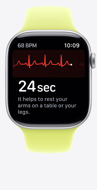 Apple Watch Series 11, aluminum case, silver colour, ECG app, beats per minute in top-right corner, centred rhythm line and timer, Sport Band, neon yellow colour