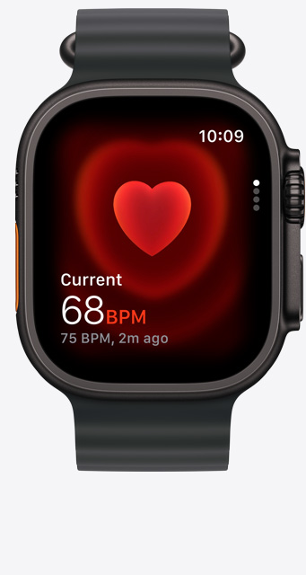 Apple Watch Ultra 3, black titanium case colour, Heart Rate app, current beats per minute, Ocean Strap, black colour