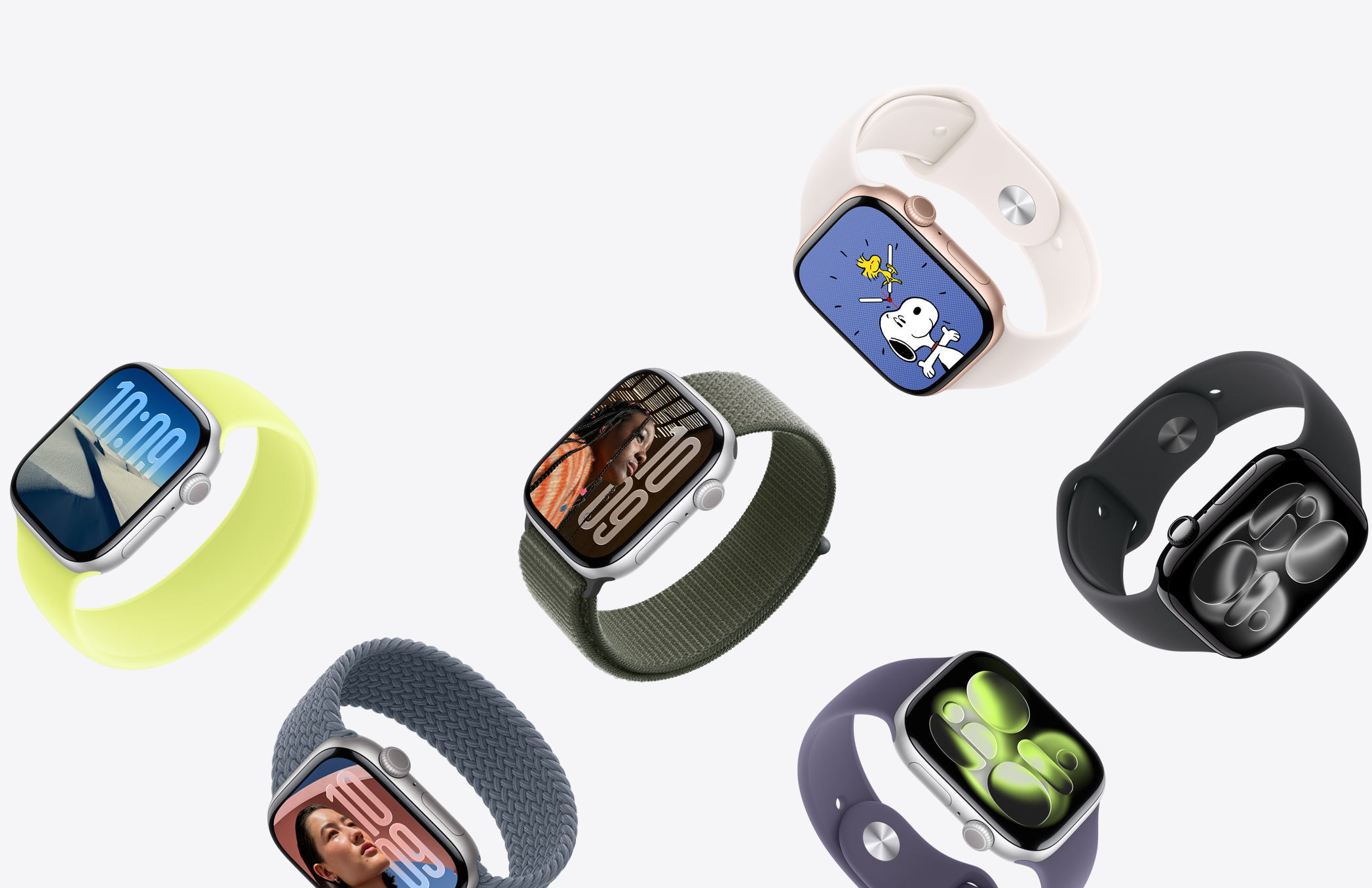 Apple Watch devices, various case materials, colours and bands